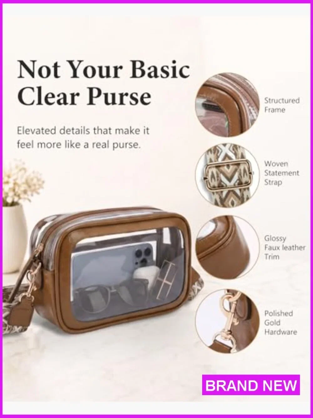 Clear Crossbody Bag for Stadium Events Clear Purse for Women Adjustable Strap